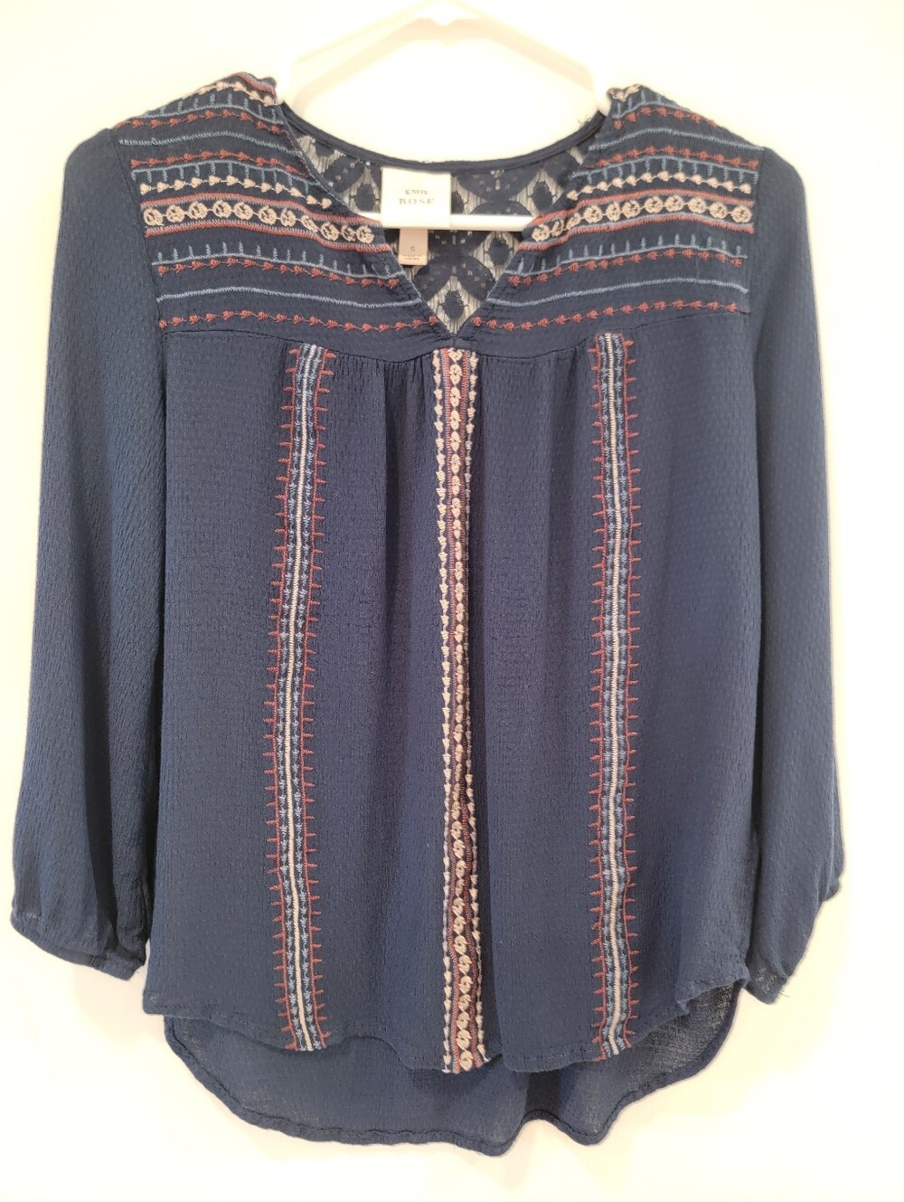 Knox Rose Navy Embroidered Boho Blouse